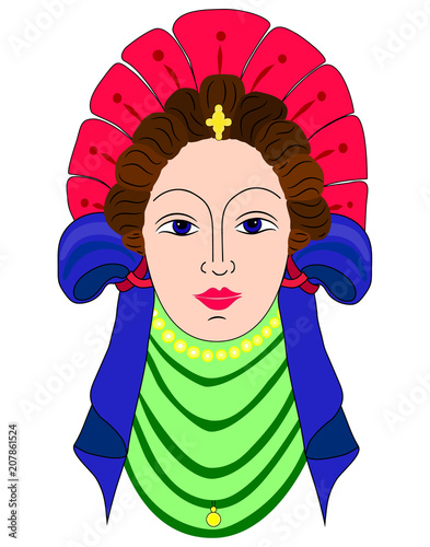 Flat portrait of a girl. Vintage Ladies ' attire. Historical portrait. Isolated, white. Vector