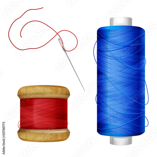 Thread spool vector illustration on sewing tools. Blue and red thread on wooden and plastic spool with needle for tailoring and needlework supplies