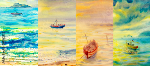 Watercolor painting seascapes at different time of the year.