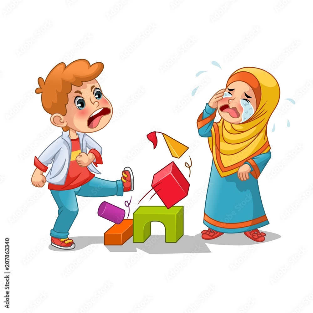 Muslim girl cry because boy destroying her blocks cartoon character design  vector illustration, isolated against white background. Stock Vector |  Adobe Stock