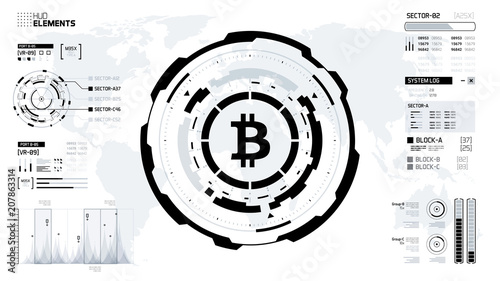 Bitcoin cryprocurrency futuristic black and white vector illustration. Worldwide digital money technology