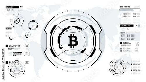 Bitcoin cryprocurrency futuristic black and white vector illustration. Worldwide digital money technology
