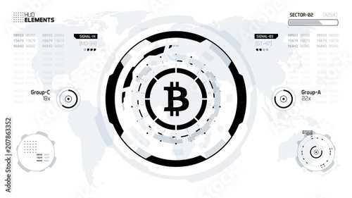 Bitcoin cryprocurrency futuristic black and white vector illustration. Worldwide digital money technology