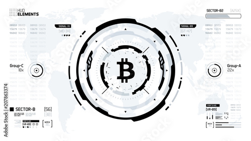Bitcoin cryprocurrency futuristic black and white vector illustration. Worldwide digital money technology