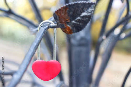 Red lock heart hangs branch iron decorative tree.