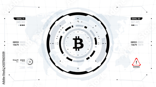Bitcoin cryprocurrency futuristic black and white vector illustration. Worldwide digital money technology