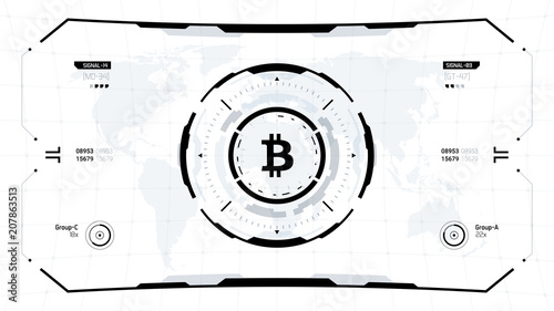 Bitcoin cryprocurrency futuristic black and white vector illustration. Worldwide digital money technology