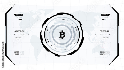 Bitcoin cryprocurrency futuristic black and white vector illustration. Worldwide digital money technology