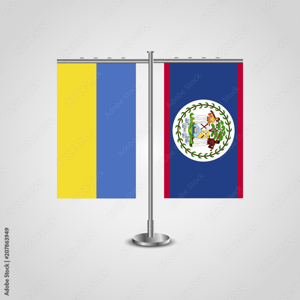 Table stand with flags of Ukraine and Belize.Two flag. Flag pole. Symbolizing the cooperation between the two countries. Table flags Table stand with flags of Ukraine and Belize.Two flag. Flag pole. Symbolizing the cooperation between the two countries. Table flags