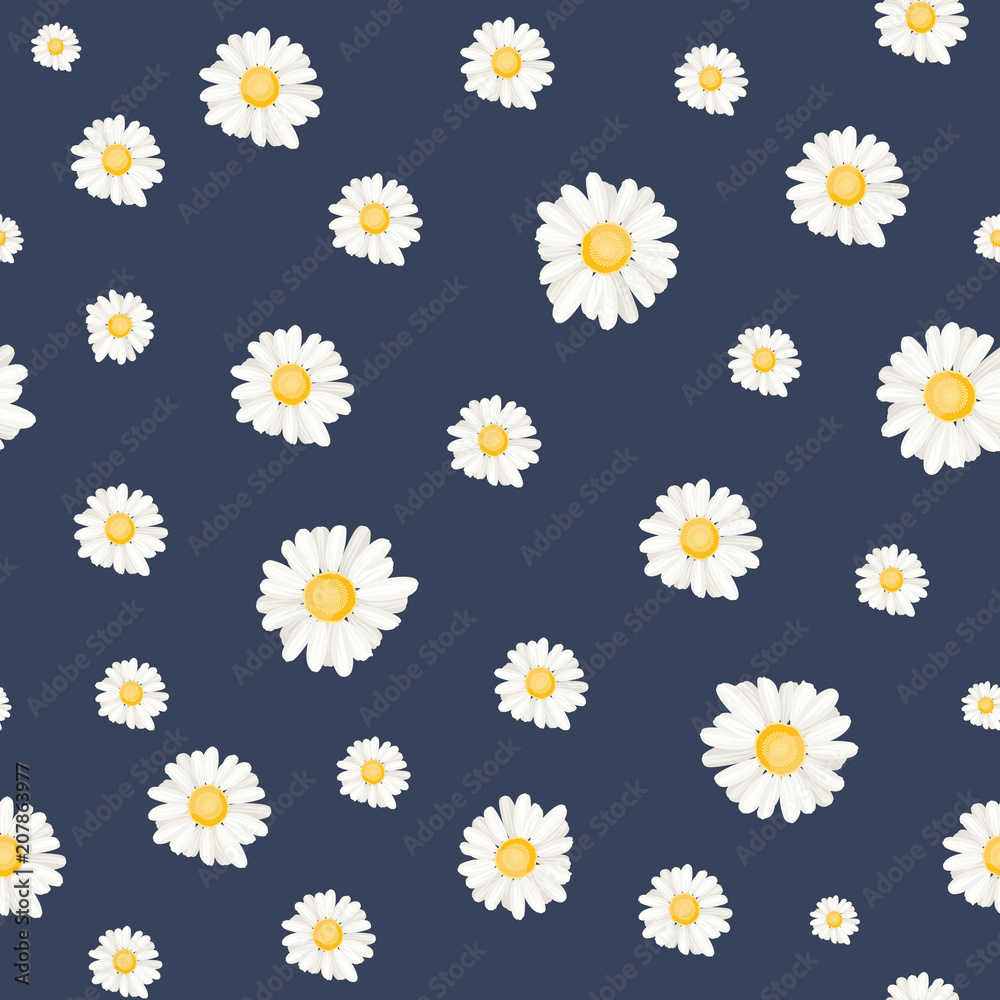 Trendy daisy chamomile flowers botanical scattered random pattern. Seamless ditsy floral texture for prints. Hand drawn style. Dark navy blue background. Vector illustration fashion, textile, fabric.