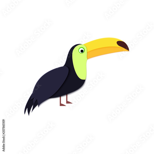 Tropical toucan in trandy paper cut style. Craft jungle wild bird isolated on white background for package design, T-shirt printing. Vector card illustration in papercutting art style © A_Y_N