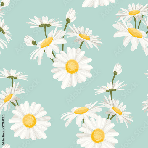 Daisy Chamomile Field Meadow Spring Summer Flowers Seamless Pattern On Light Blue Sky Background Trendy Ditsy Floral Texture For Print Fashion Textile Fabric Decoration Wrapping Stock Vector Adobe Stock