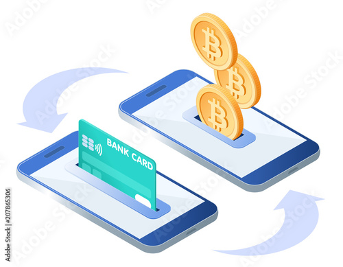 The money transfer process. Flat isometric isolated illustration. The sending and receiving bitcoins with mobile phones and credit card. The banking, transaction, payment, business vector concept.