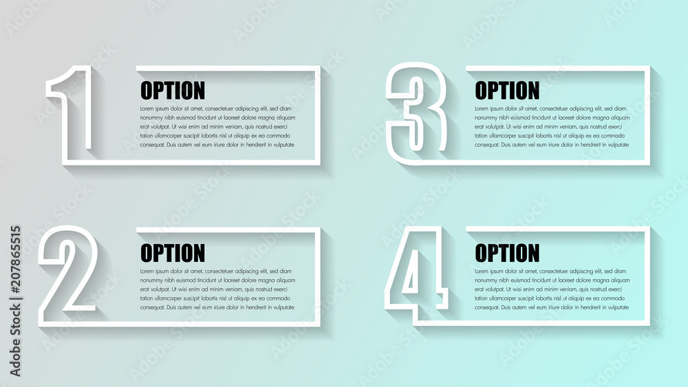 Business infographics. Timeline with 4 boxs, steps, number options. Vector infographic element Illustrator.