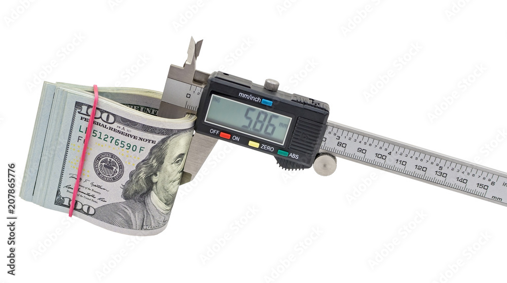 Vernier caliper and stack of $ 100 dollar bills Vernier caliper and stack of $ 100 dollar bills