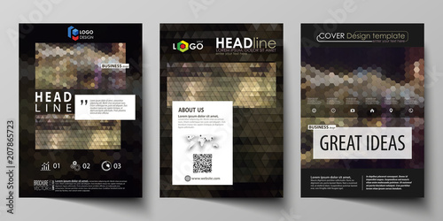 Business templates for brochure  magazine  flyer  annual report. Cover design template  vector layout in A4 size. Abstract backgrounds. Geometrical patterns. Triangular and hexagonal style.