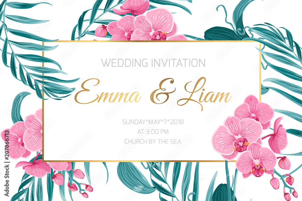 Wedding marriage event invitation card template. Border frame decorated with exotic pink purple orchid phalaenopsis flowers and tropical green jungle tree palm leaves. Shiny golden text placeholder.