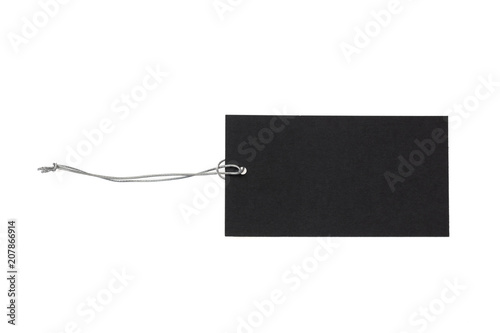 Foto Black isolated recycle tag with silver elastic band on a white background