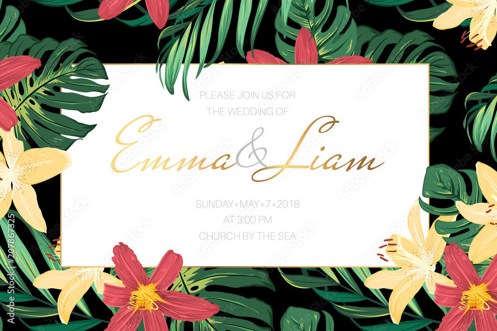 Fototapeta Wedding marriage event invitation card template. Border frame decorated with tropic exotic floral greenery. Colorful lily flowers. Jungle palm tree monstera green leaves. Dark black night background.