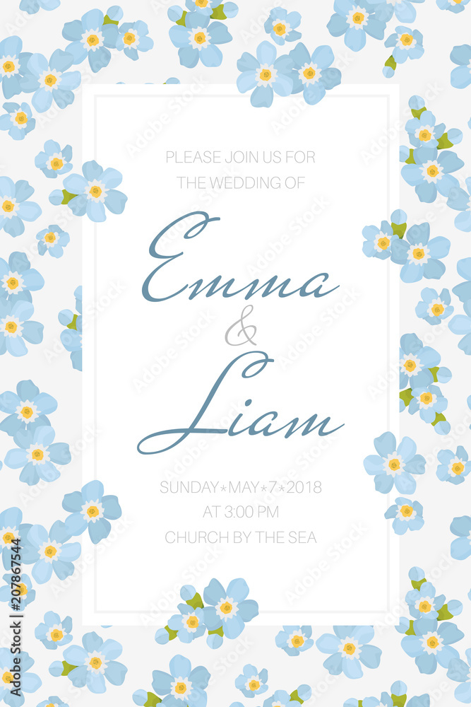 Wedding marriage event invitation RSVP card template. Rectangular border frame decorated with blue forget-me-not myosotis flowers inflorescence. Vertical portrait layout on white. Text placeholder. Wedding marriage event invitation RSVP card template. Rectangular border frame decorated with blue forget-me-not myosotis flowers inflorescence. Vertical portrait layout on white. Text placeholder.