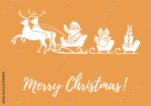 Santa Claus with Christmas presents in sleighs with reindeers. New Year and Christmas illustration.