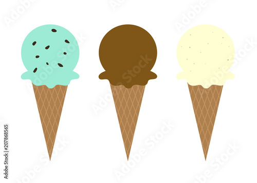Vector illustration of three ice cream cones
