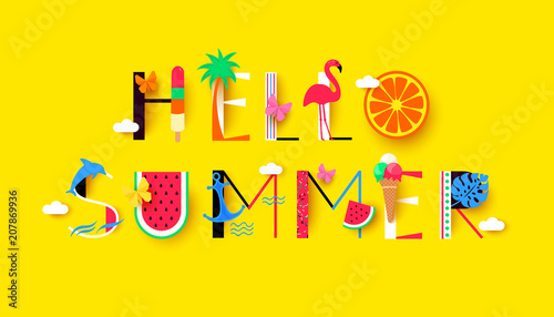 Hello Summer background with signs and symbols recreation. Vector illustration
