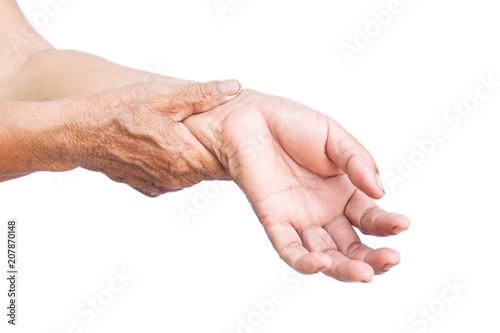 Old hand pain on wrist isolated white background,Muscle weakness and fatigue concept.