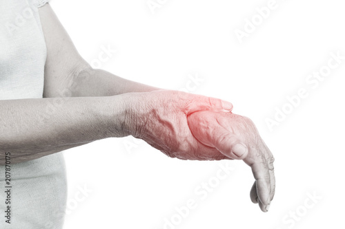 Old hand pain on wrist isolated white background,Muscle weakness and fatigue concept.