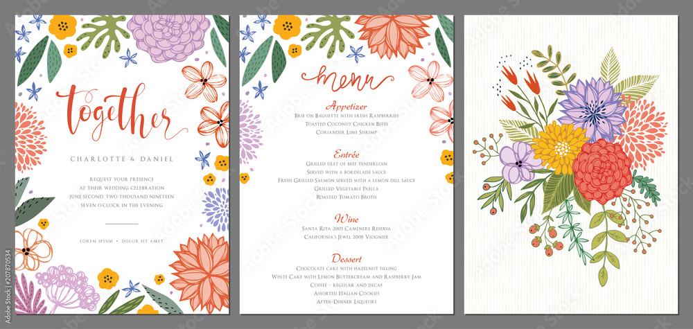 Wedding invitation and menu design template with floral wreath. Vector illustration.