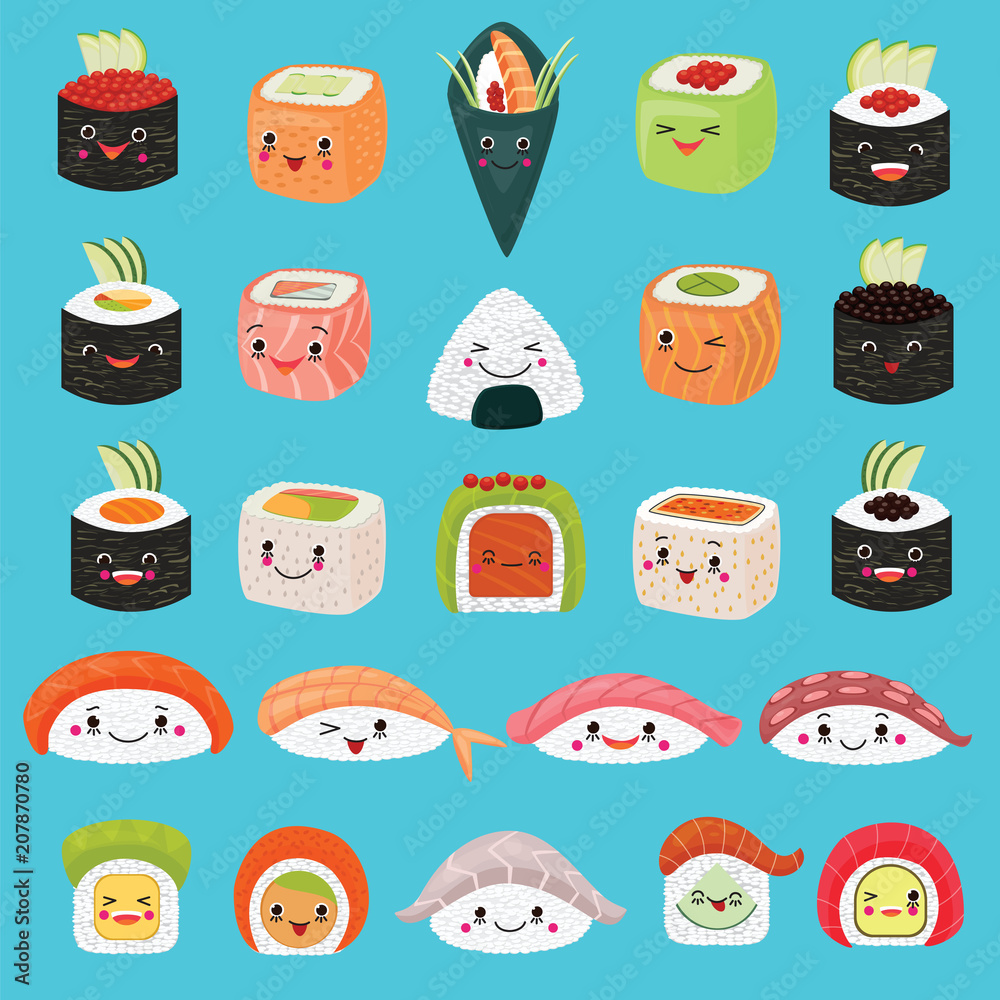 Kawaii food vector emoticon japanese sushi character and emoji sashimi roll with cartoon rice in Japan restaurant illustration asian cuisine set with facial emotions isolated on background