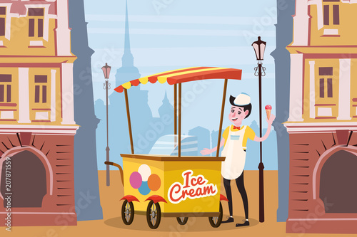 Ice cream seller, cart, city background, vector, illustration, cartoon style, isolated
