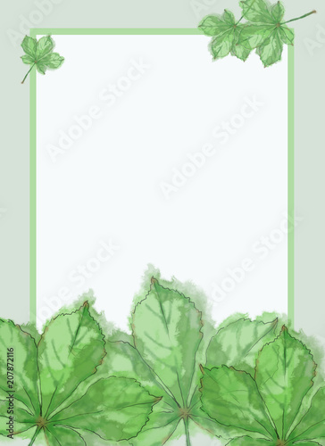 Green Chestnut Leaves Decorated Template with Framed White Text Copy Space. Template Decorated with Fresh Green Leaves for Summer Party  Announcements  Advertisements  and Variable Printable.