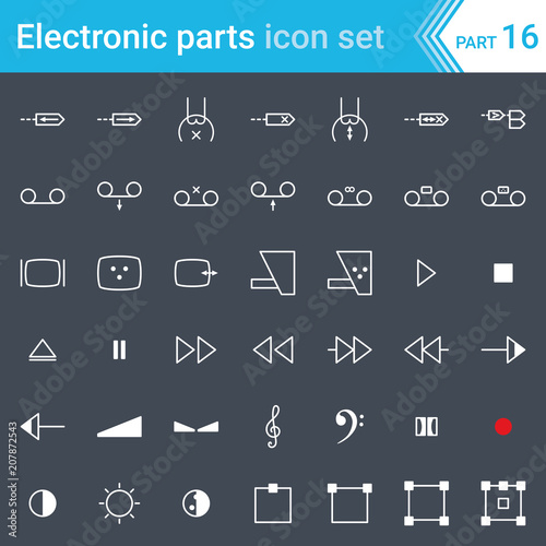 Electric and electronic icons, electric diagram symbols. Audio and video devices, function control audio and video, sound representation.