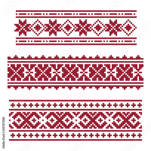 Dark red national latvian ornament in pixel art style photo