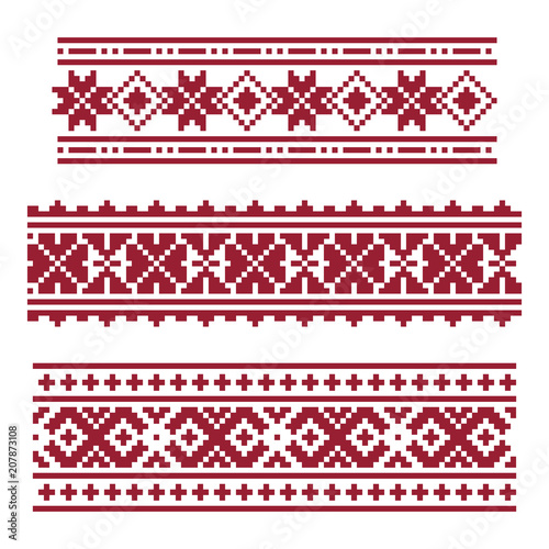 Dark red national latvian ornament in pixel art style