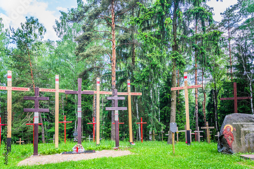 in the forest in an abandoned cemetery an old rusty cross