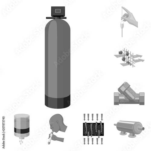 Water filtration system monochrome icons in set collection for design. Cleaning equipment vector symbol stock web illustration.
