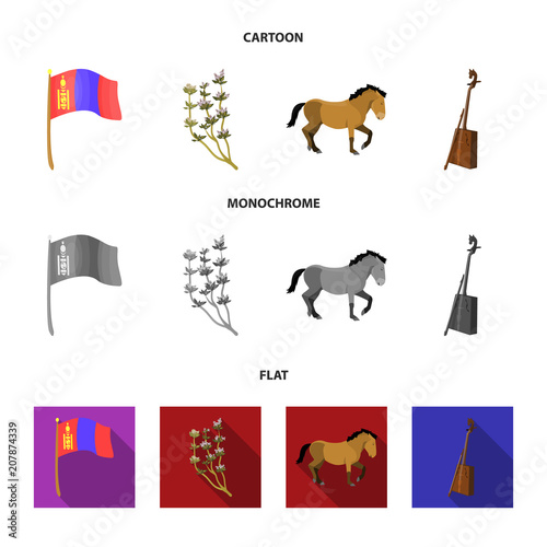 National flag, horse, musical instrument, steppe plant. Mongolia set collection icons in cartoon,flat,monochrome style vector symbol stock illustration web.