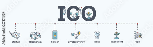 ICO (Initial Coin Offering) infographic web banner icon. Startup, Blockchain diagram, cryptocurrency, fintech, Trust, Investment and Risk. vector in modern flat style.