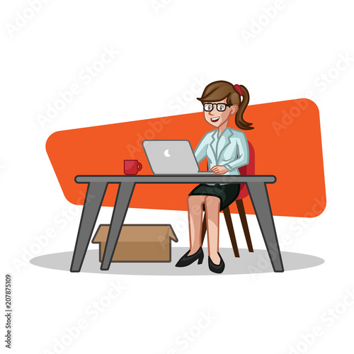 Business Woman Desk Vector