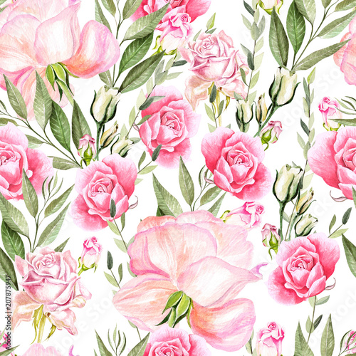 Beautiful bright watercolor pattern with roses. 