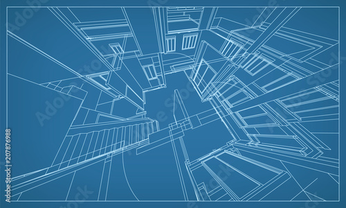 Abstract 3D rendering of building wireframe structure. Vector construction graphic idea for template design.