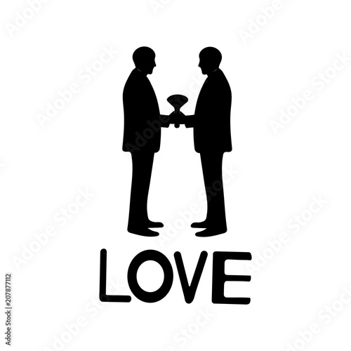 Black silhouettes of grooms and word love. Same-sex marriage.