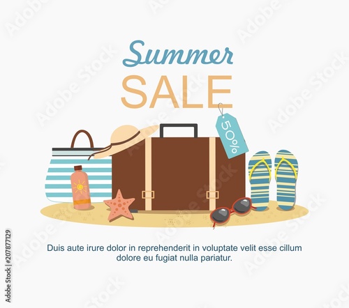 Summer suitcase and Beach Accessories on sand. Summer sale Vector illustration	