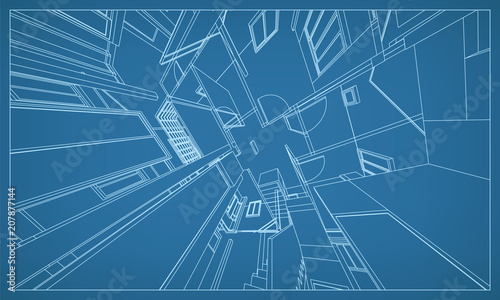 Abstract 3D rendering of building wireframe structure. Vector construction graphic idea for template design.