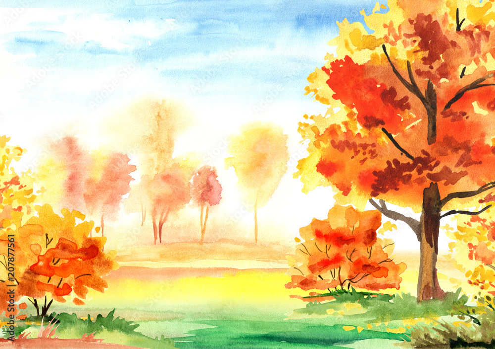 Obraz Kolorowy krajobraz jesień. Dłoń akwarela ilustracja