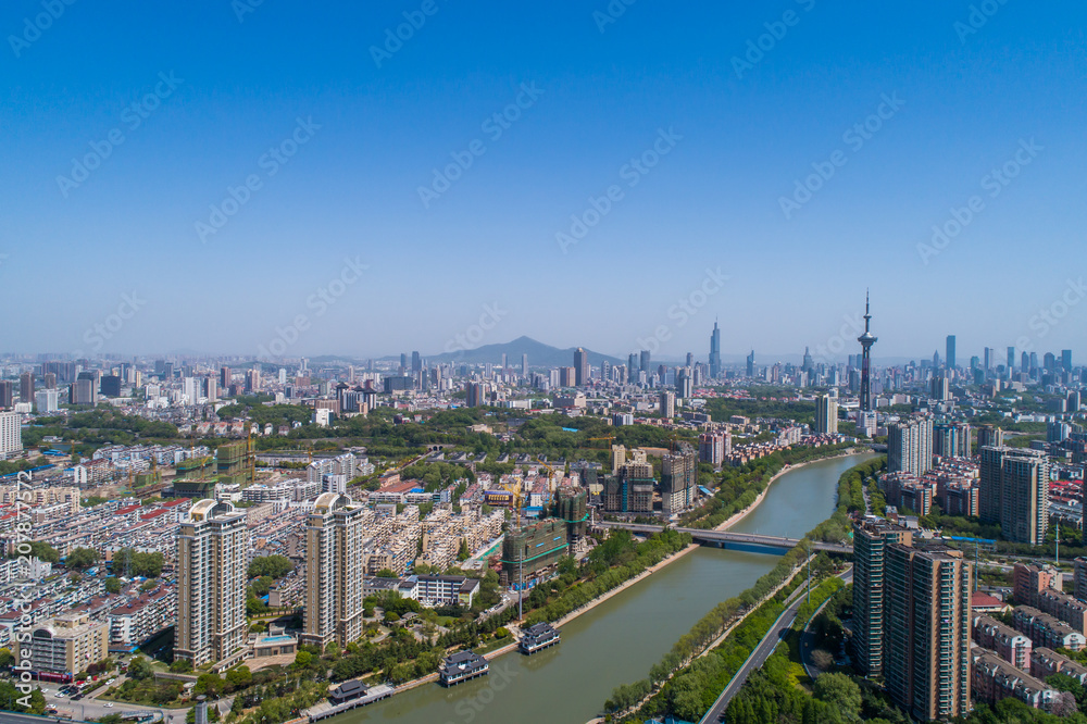 Aerial view over the Nanjing city, urban architectural landscape
