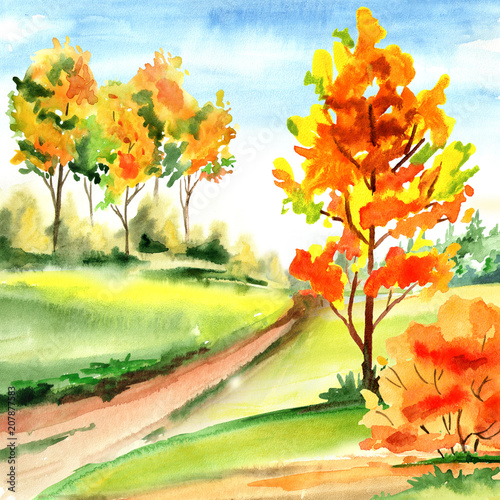 The road in the autumn forest. Watercolor hand drawn illustration