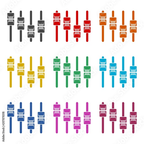 Sliders or faders control board, Fader icon, color icons set